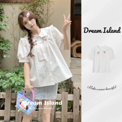 Dream Island』Áo Sơ Mi Tay Phồng Cổ Búp Bê Kiểu Retro Nhật Bản Dễ Thương