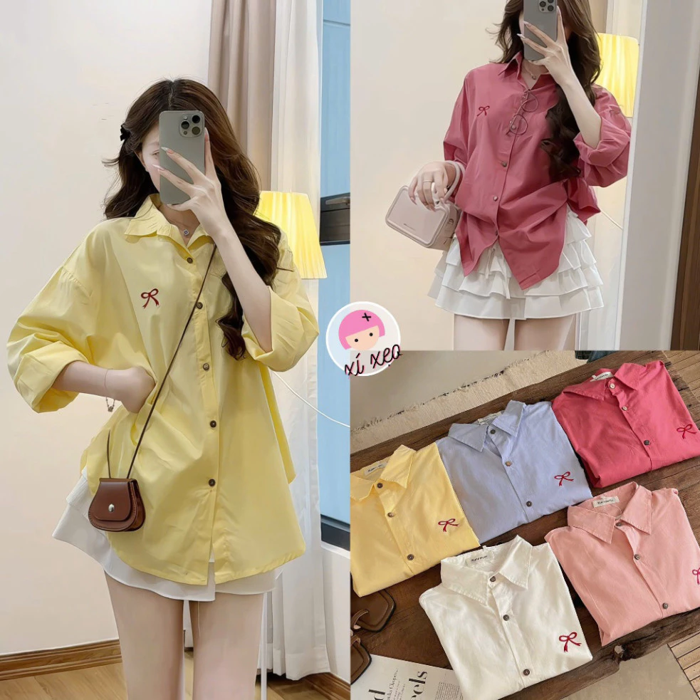 Áo sơ mi thô mềm form rộng thêu nơ xixeoshop - A21 - Ảnh 2