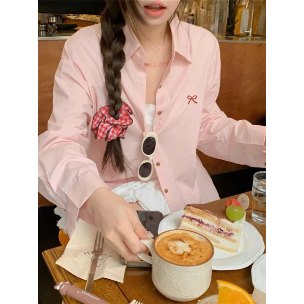 Áo sơ mi thô mềm form rộng thêu nơ xixeoshop - A21