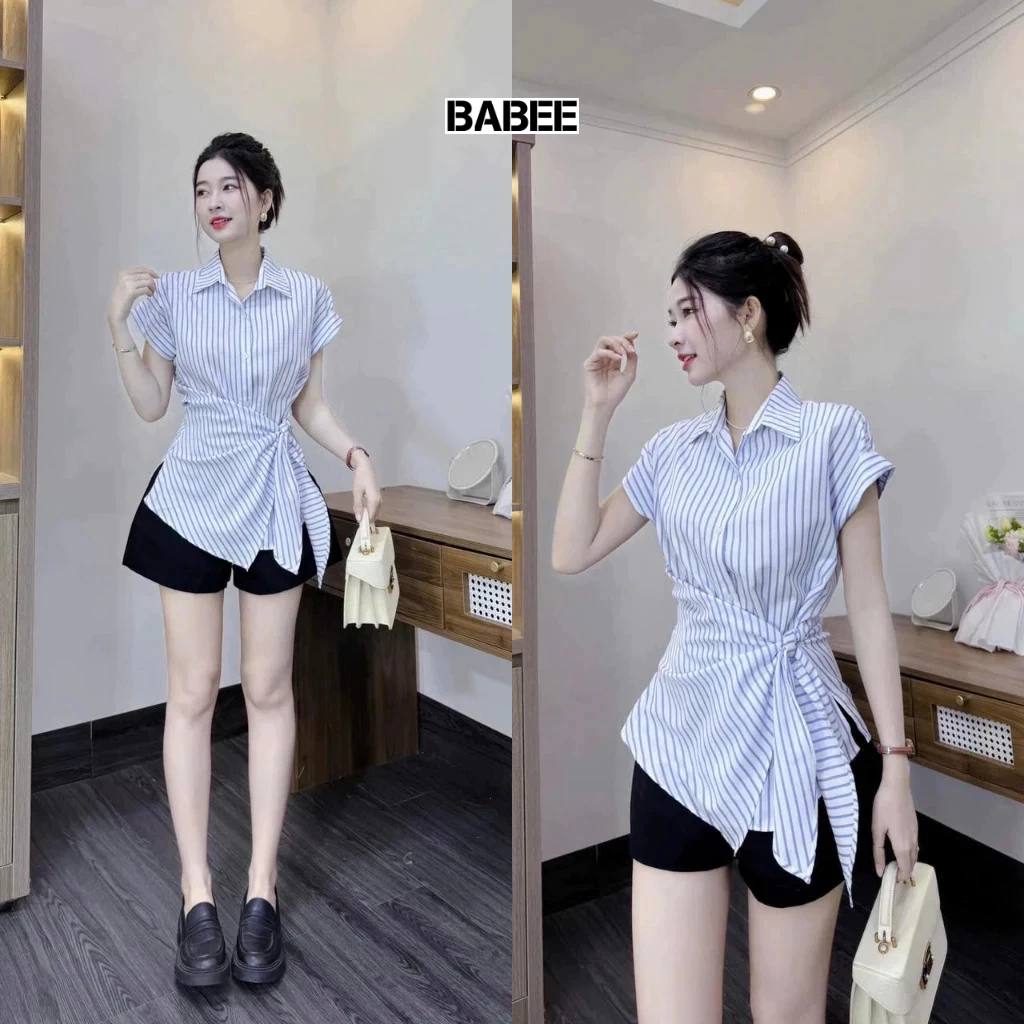 Áo Sơ Mi Nữ BABEE Ngắn Tay Buộc Tà Chéo Phong Cách Thanh Lịch Trẻ Trung Sành Điệu Cá Tính - Ảnh 2